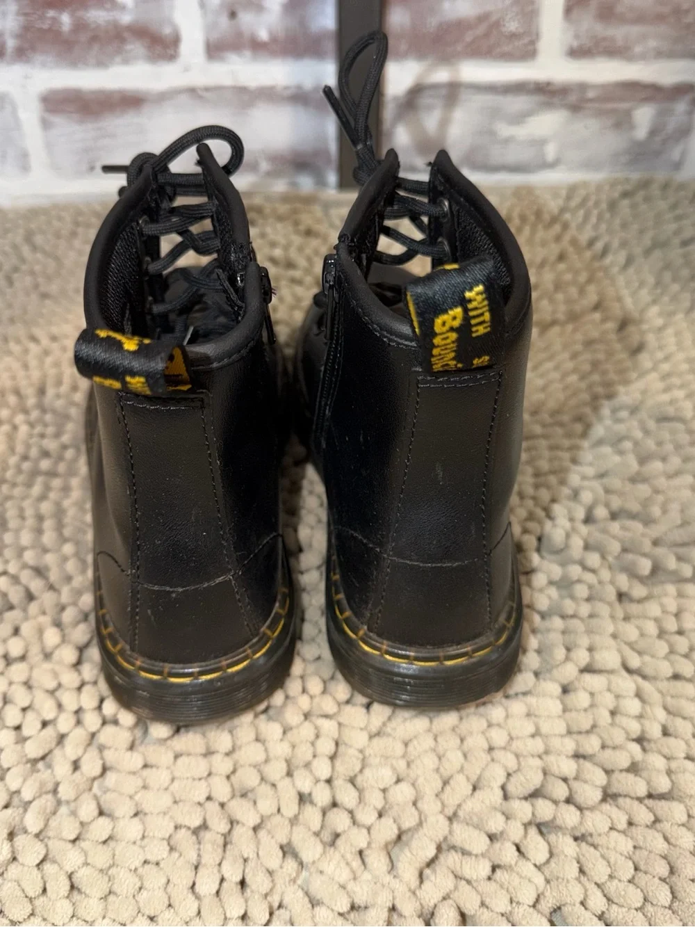 Kids Black Leather Lace-Up Boots with Yellow Stitching youth size 2